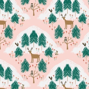 Frosty Forest Friends: Charming Woodland Creatures Bring Winter Magic on pink background