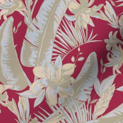 Elegant tropical leaves and flowers on red