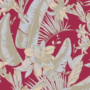 Elegant tropical leaves and flowers on red
