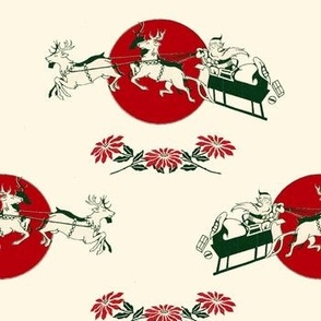 Retro Christmas Santa Sleigh and Poinsettia