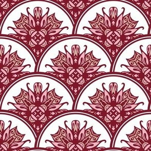 Scalloped Majolica Tile in Burgundy, Regency Pink, and Cameo Pink on White