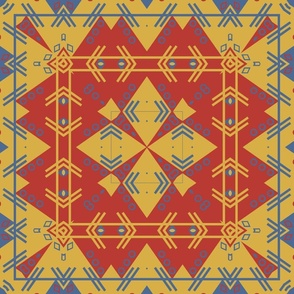 Spanish Folk Art Reddish Orange Mustard Yellow Blue Geometric Southwestern Print