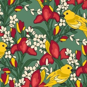 Birds and flowers. Yellow and green