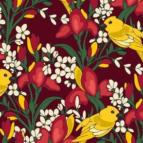 Birds and flowers. Yellow and red