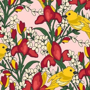 Birds and flowers. Pink and red