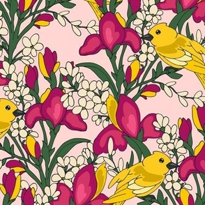Birds and flowers. Yellow and pink
