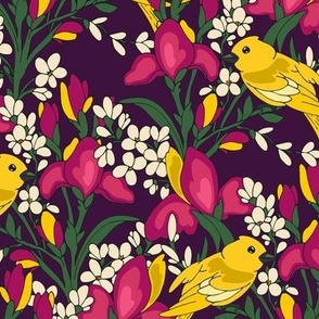 Birds and flowers. Yellow and dark purple