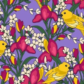 Birds and flowers. Yellow and purple