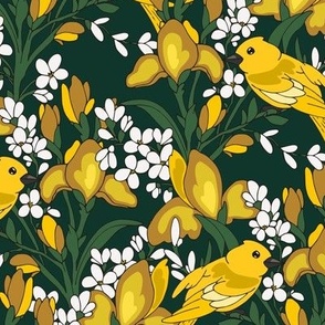 Birds and flowers. Green and yellow