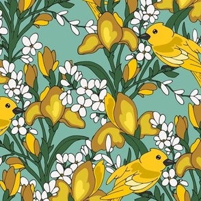 Birds and flowers. Yellow and mint