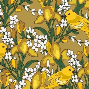 Birds and flowers. Yellow and white