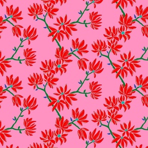 Flower Branch - red and green on pink - medium