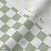 Paws checker - fun groovy dog theme retro funky paw checkerboard blue white sage green