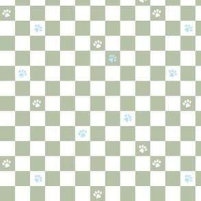 Paws checker - fun groovy dog theme retro funky paw checkerboard blue white sage green