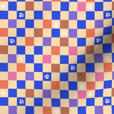 Paws checker - fun groovy dog theme retro funky paw checkerboard eclectiv blue orange beige sand