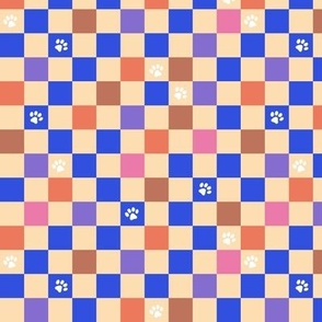 Paws checker - fun groovy dog theme retro funky paw checkerboard eclectiv blue orange beige sand