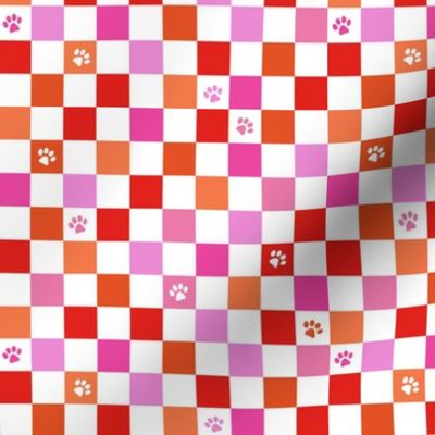 Paws checker - fun groovy dog theme retro funky paw checkerboard girly bright valentine palette red pink orange white