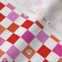 Paws checker - fun groovy dog theme retro funky paw checkerboard girly bright valentine palette red pink orange white