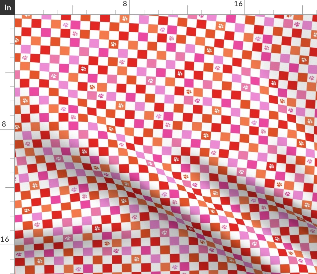 Paws checker - fun groovy dog theme retro funky paw checkerboard girly bright valentine palette red pink orange white