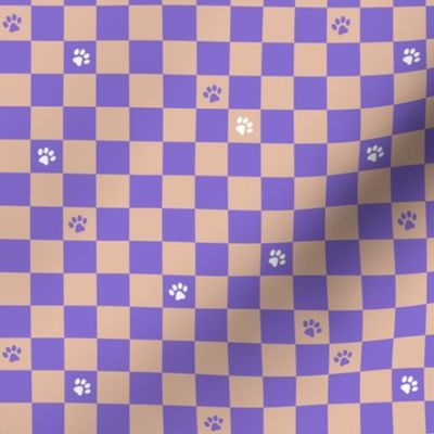 Paws checker - fun groovy dog theme retro funky paw checkerboard vintage purple beige