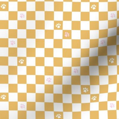 Paws checker - fun groovy dog theme retro funky paw checkerboard honey yellow white