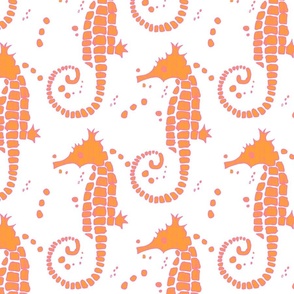 seahorses in orange and pink, a 10.5" inch fabric design repeat 