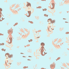 Mermaids Nude Scale Baby Blue Background 