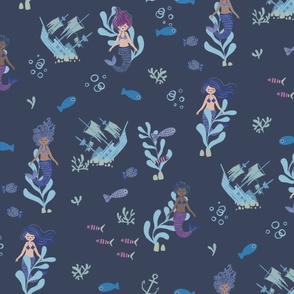 Mermaids Navy Blue Background 