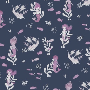 Mermaids Pink Scale Blue Navy Background 