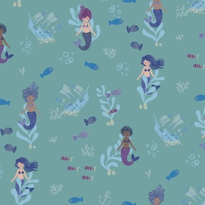 Mermaids Green Teal Background 