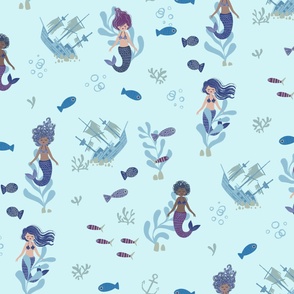 Mermaids Baby Blue Background 