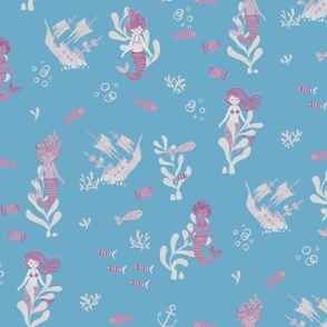 Mermaids Pink Scale and Blue Background 