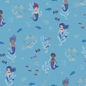 Mermaids Blue Background