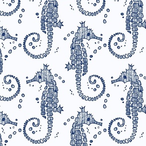 sea horses navy and white - 10.5" fabric design repeat