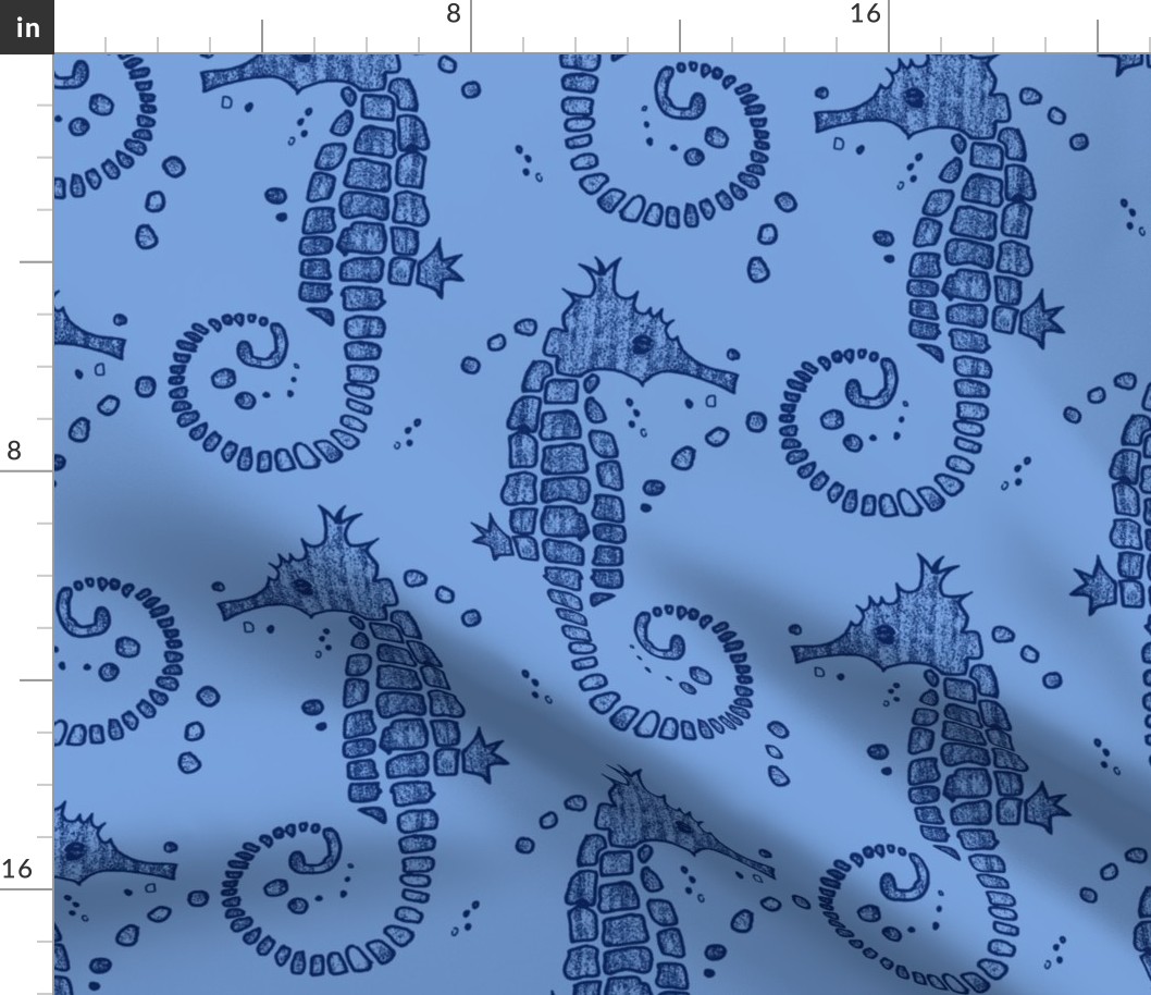 sea horses,  the blues - 10.5" design fabric repeat