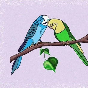 Blue with yellow and green budgies on lavender