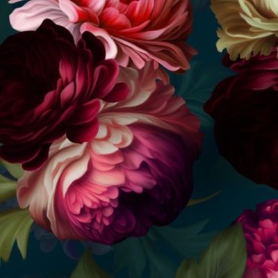 Baroque burgundy bold moody floral flower garden with english roses, bold peonies, lush antiqued flemish  flowers 