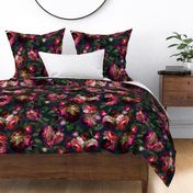 Baroque burgundy bold moody floral flower garden with english roses, bold peonies, lush antiqued flemish  flowers 