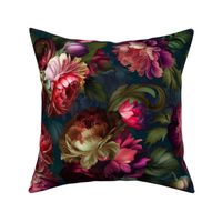 Baroque burgundy bold moody floral flower garden with english roses, bold peonies, lush antiqued flemish  flowers 