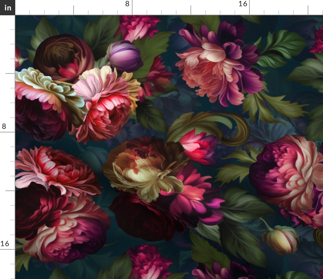 Baroque burgundy bold moody floral flower garden with english roses, bold peonies, lush antiqued flemish  flowers 