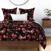 Baroque burgundy bold moody floral flower garden with english roses, bold peonies, lush antiqued flemish flowers