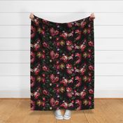 Baroque burgundy bold moody floral flower garden with english roses, bold peonies, lush antiqued flemish flowers