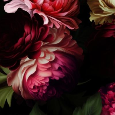 Baroque burgundy bold moody floral flower garden with english roses, bold peonies, lush antiqued flemish flowers