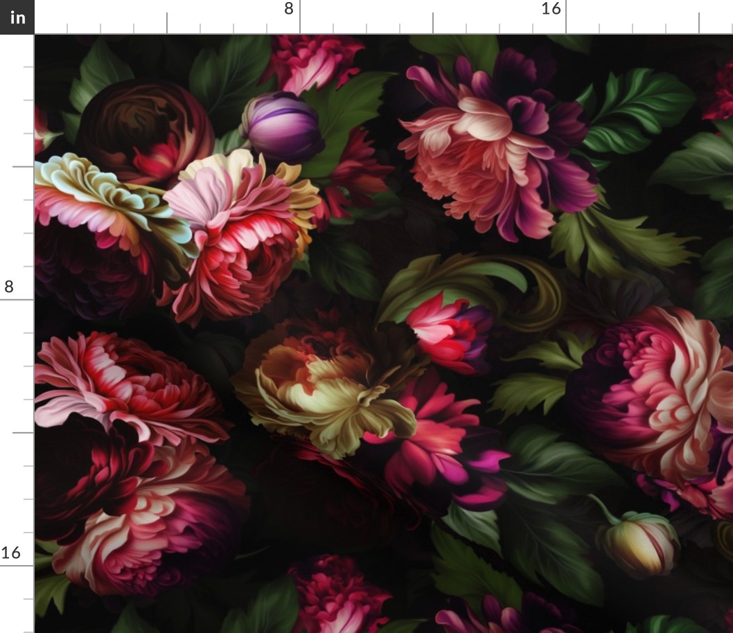 Baroque burgundy bold moody floral flower garden with english roses, bold peonies, lush antiqued flemish flowers