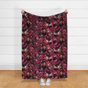 Baroque Burgundy bold moody floral flower garden with english roses, bold peonies, lush antiqued flemish  flowers