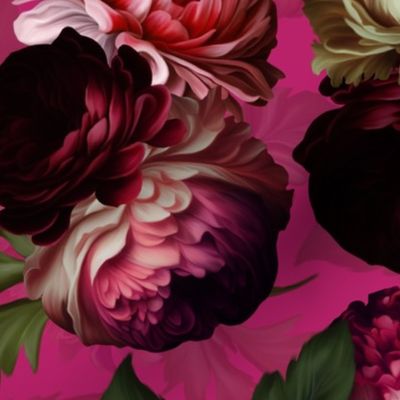 Baroque Burgundy bold moody floral flower garden with english roses, bold peonies, lush antiqued flemish  flowers