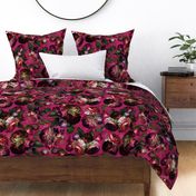 Baroque Burgundy bold moody floral flower garden with english roses, bold peonies, lush antiqued flemish  flowers