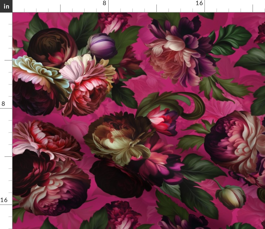 Baroque Burgundy bold moody floral flower garden with english roses, bold peonies, lush antiqued flemish  flowers