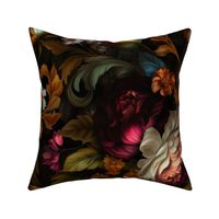 Baroque bold moody floral flower garden with english roses, bold peonies, lush antiqued flemish flowers