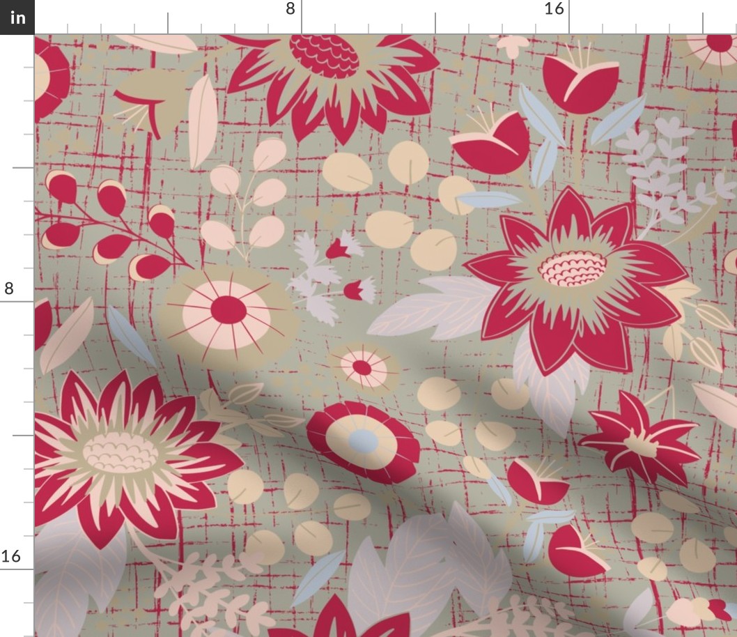 big// Viva Magenta kaki // Flowers and greenery pattern with kaki green background